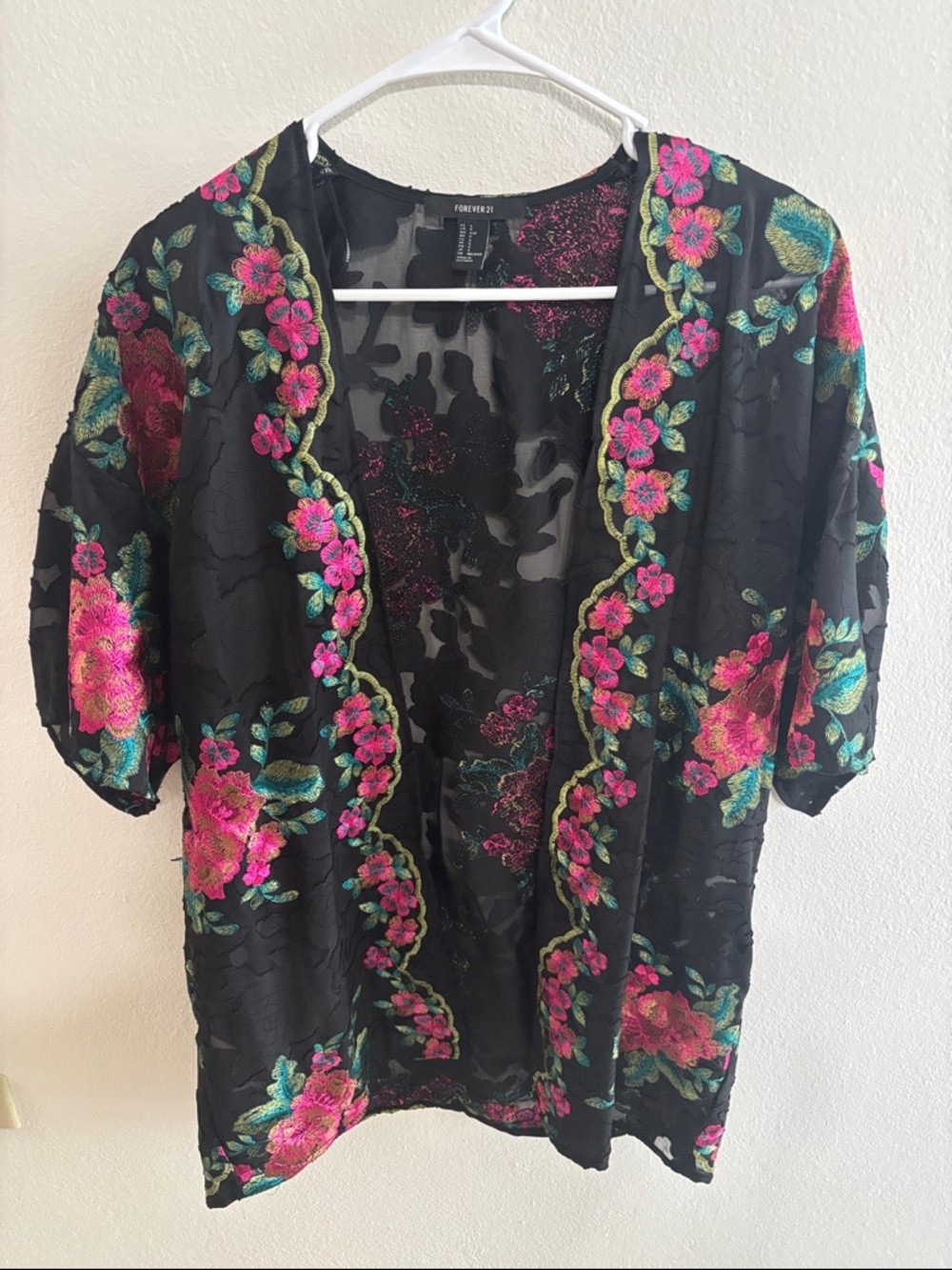 Forever 21 Black Floral Embroidered Sheer Kimono